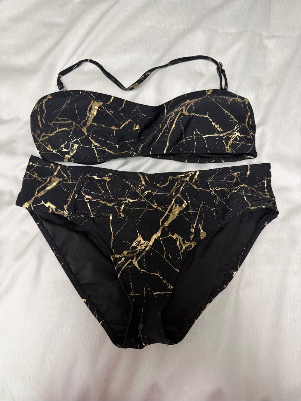 Women's Black & Gold Marble Bandeau Bikini Set